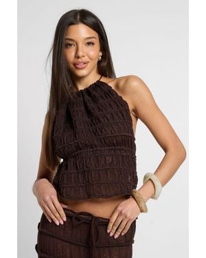 Boohoo Sheer Knit Halterneck Top - Brown