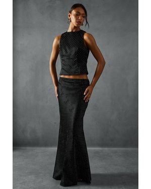 MissPap Hotfix Diamante Satin Racer Top And Maxi Skirt Co-Ord - Black