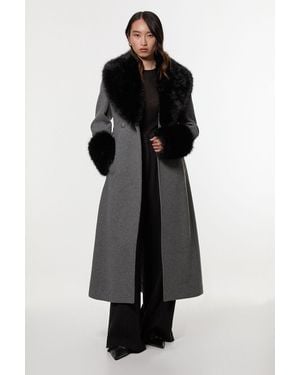 Karen Millen Wool Blend Detachable Faux Fur Belted Midi Coat - Black