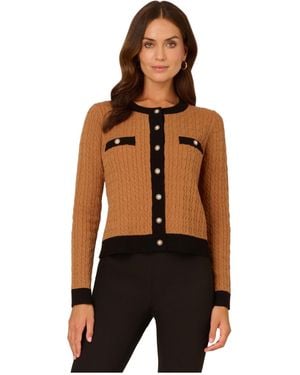 Adrianna Papell Crew Neck Lady-Like Contrast Cable Cardigan Jumper - Black