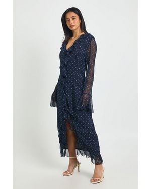 Boohoo Petite Chiffon Polka Dot Ruffle Detail Midi Dress - Blue