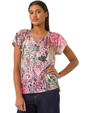 Roman Paisley Print V-Neck Raglan Top - Red