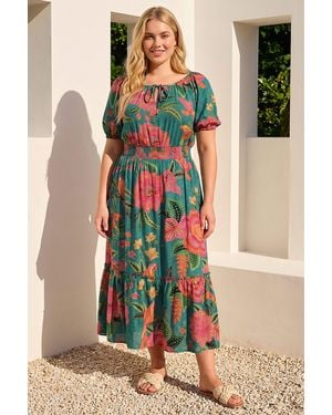 Roman Curve Floral Shirred Waist Midi Dress - Green