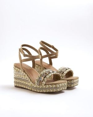 River Island Wedge Sandals Raffia Embellished Textile - White