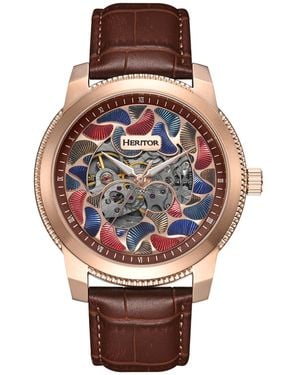Heritor Emmanuel Semi-Skeleton Leather-Band Watch - Pink