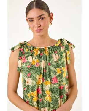 Roman Floral Print Bow Detail Top - Green