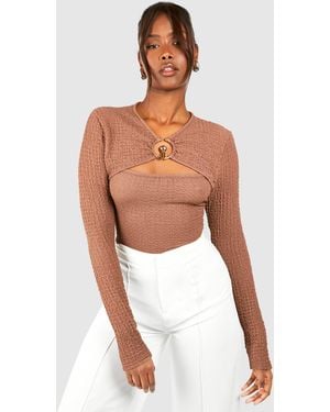 Boohoo Textured Ring Detail Cut Out Long Sleeve Top - White
