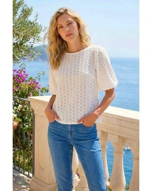 Roman Broderie Puff Sleeve Top - White