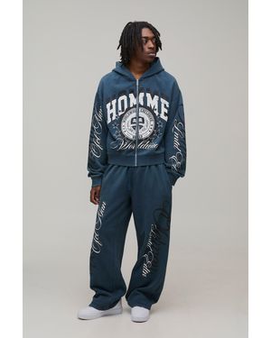 BoohooMAN Shrunken Zip Through Varsity Washed Hooded Tracksuit - Blue