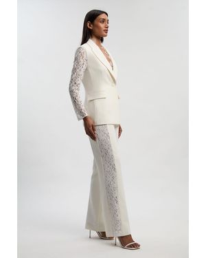 Karen Millen Compact Stretch Lace Mix Tailored Wide Leg Trouser - White