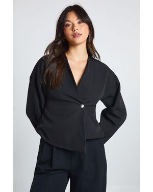 Boohoo Button Long Sleeve Wrap Top - Black