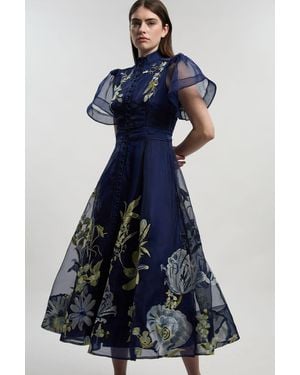 Karen Millen Botanical Embroidery Organdie Angel Sleeve Midi Dress - Blue