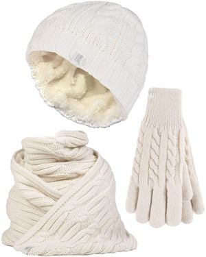 Heat Holders Ladies Knitted Hat Scarf & Gloves Set - White