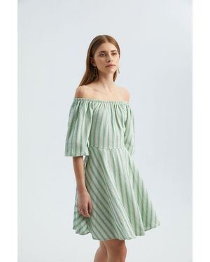 Hiccup Striped Off Shoulder Balloon Sleeves Mini Dress - Green