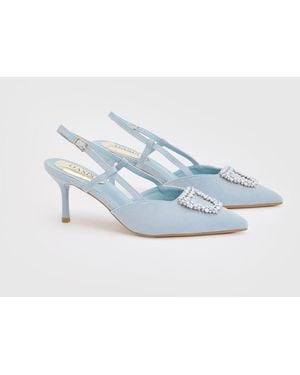 Oasis Amanda Textile Point Embellished Trim Slingback Kitten Heel Court Shoes - Blue