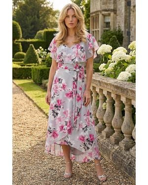 Roman Floral Frill Belted Wrap Dress - Grey