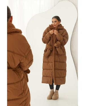 Boohoo Teddy Trim Puffer Coat With Mittens - Brown