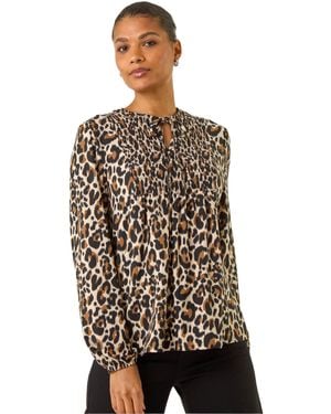 Roman Animal Print Shirred Tie Neck Top - Black