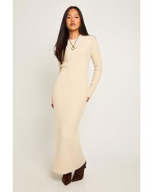 Boohoo Petite Fluffy Yarn Long Sleeve Knitted Maxi Dress - Natural
