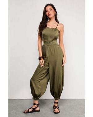 Warehouse Petite Satin Lace Trim Elasticated Cuff Strappy Jumpsuit - Green