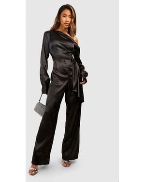 Boohoo Satin One Shoulder Wide Leg Jumpsuit - Black