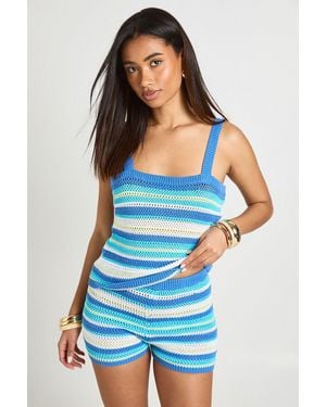 Boohoo Stripe Crochet Strappy Top And Mini Short Co-Ord - Blue