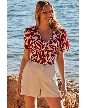 Sosandar Floral Print Tie Front Crinkle Top - Blue