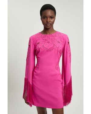 Karen Millen Fringe Detail Beaded Mini Dress - Pink