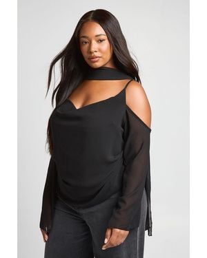 Boohoo Plus Sheer Cowl Neck Top With Scarf Detail - Black