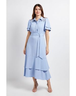 Wallis Lace Insert Ruffle Sleeve Midi Dress - Blue