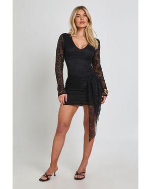 Boohoo Lace Plunge Front Tie Waist Bodycon Dress - Black