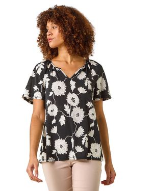 Roman Textured Floral Print V-Neck Stretch Top - Black