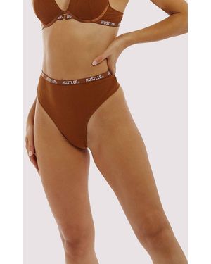 Hustler Branded Ribbed High Waist Thong - Brown