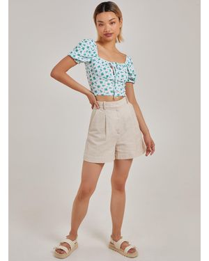 Pink Vanilla Floral Tie Detail Puff Sleeve Top - White
