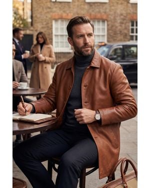 Infinity Leather Long Collared Car Coat Jacket - Natural