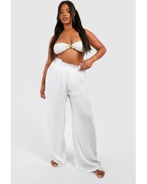 Boohoo Plus Crinkle Rayon Beach Trousers - White