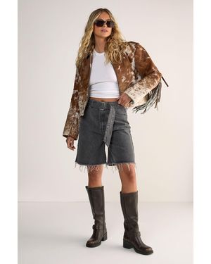 Nasty Gal Frayed Belted Denim Shorts - Grey