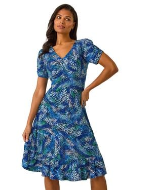 Roman Stretch Abstract Buttoned Tea Dress - Blue