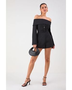 MissPap Bardot Fold Over Detail Button Playsuit - Black