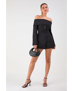 MissPap Bardot Fold Over Detail Button Playsuit - Black