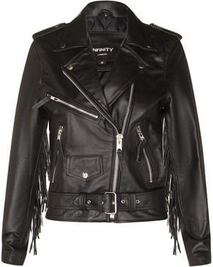 Infinity Leather Fringe Tasselled Biker Jacket - Black