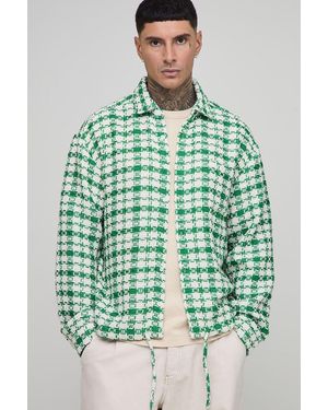 BoohooMAN Tall Oversized Boucle Bungee Hem Check Overshirt - Green