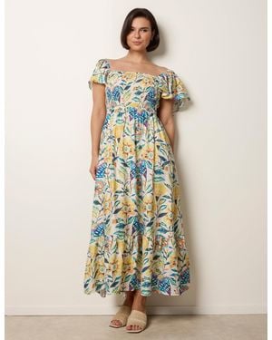 Blue Vanilla Frill Sleeveless Tropical Floral Print Dress - White
