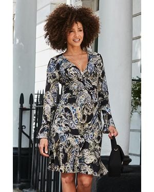 Sosandar Paisley Print Ruffle Hem Mock Wrap Dress - Black