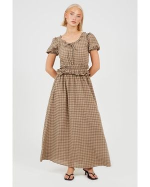 Brave Soul Short Puff Sleeve Check Maxi Dress With Waist Frill Detail - Natural