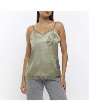 River Island Cami Top Satin Diamante - Green