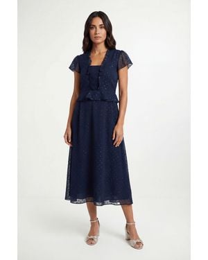 Wallis Metallic Polka Dot Ruffle Midi Dress - Blue