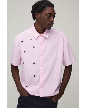 BoohooMAN Oversized Boxy Eyelet Detail Short Sleeve Stripe Shirt - Pink