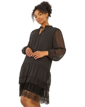 Roman Petite Frill Tie Front Lace Dress - Black