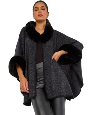 Roman Faux Fur Button Up Poncho - Black